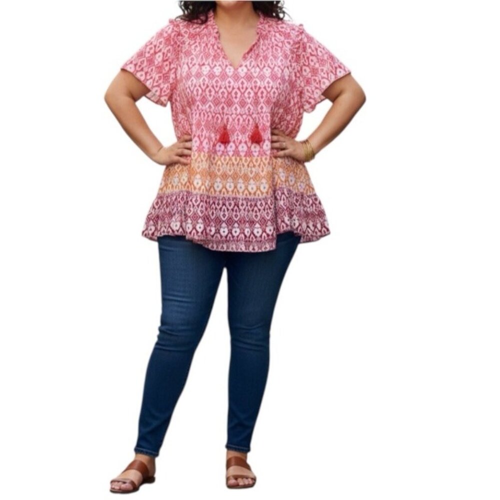 Cato Multicolor Boho Chic Tiered Babydoll Peasant Whimsical Tunic Top Size Large